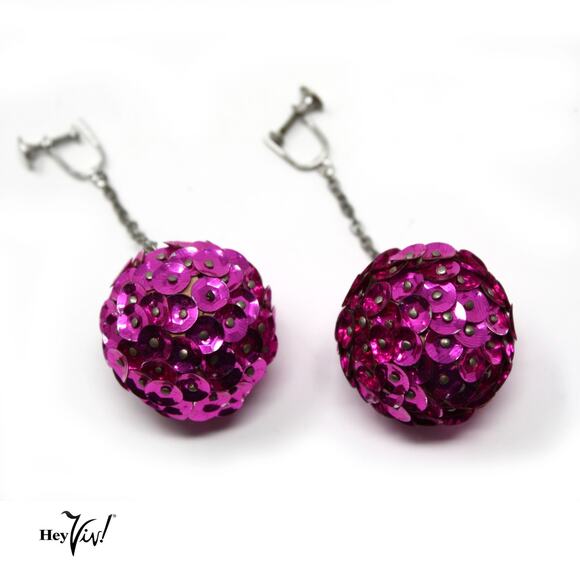 Vintage Dark Pink Sequin Dangle Hanging Swinging Screw Back Earrings - Hey Viv - Picture 1 of 4